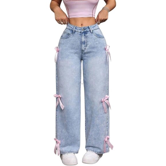 Denim - Baggy Women's Jeans High Waist Straight Leg Bow Design Casual Pants